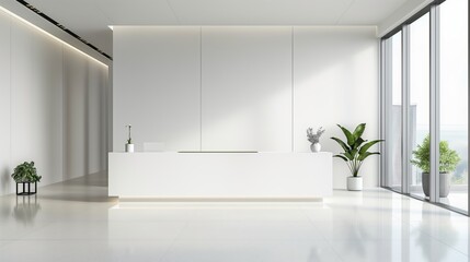 Fototapeta premium Modern office interior with a minimalist white reception desk, potted plants, and large windows providing natural light, creating a bright and welcoming atmosphere