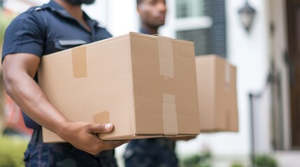 Close-up of two movers in uniform carrying cardboard boxes, with a blurred white house background