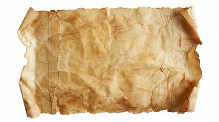 Aged parchment paper with curled edges and visible creases, isolated on white background
