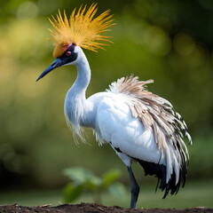 Fototapeta premium A full-body crowned crane with golden crest feathers on its head and beautiful patterned plumage, standing gracefully.
