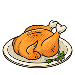 Roast grilled chicken turkey meat food pop art retro PNG illustration. Comic book style imitation.