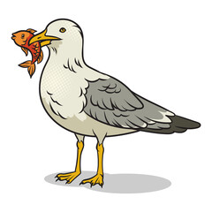 Seagull with fish in its beak pop art retro PNG illustration. Comic book style imitation.