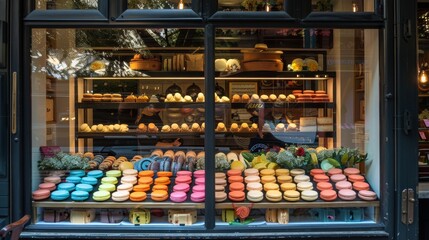 Colorful Macarons Displayed in a Bakery Shop Window