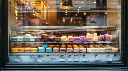 Colorful Macarons Displayed in a Bakery Shop Window