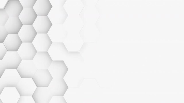 3D animation of closeup white hexagon blocks random waving on one half of the composition, 4K abstract animated background