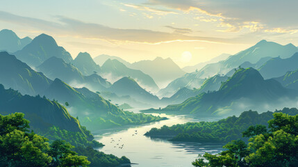 A tranquil scene of lush green mountains and a winding river under a soft morning light, creating a peaceful ambiance.