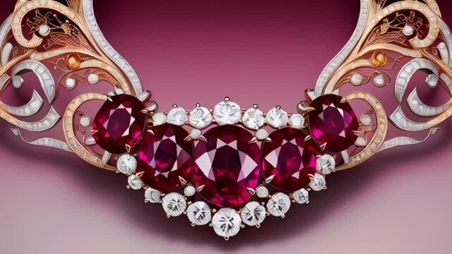 a stunning ruby and diamond necklace with a vintage-inspired design, featuring large ruby stones surrounded by diamonds and a delicate gold setting.