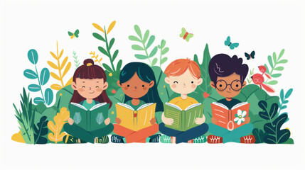 Illustration of diverse children reading books in a garden, promoting education, diversity, and a love for reading.