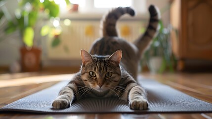 Plakat Cat Doing Yoga: A cat on a yoga mat, performing a perfect downward dog pose in a tranquil home yoga studio. 