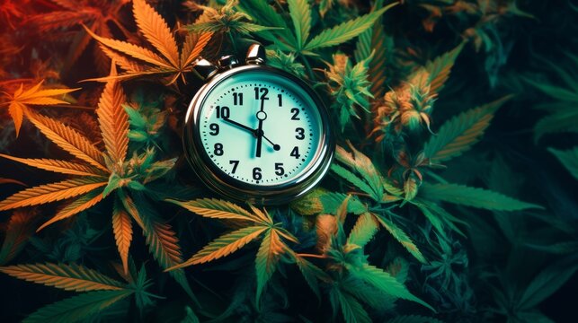 Time Concept with Cannabis Leaves and Vintage Pocket Watch