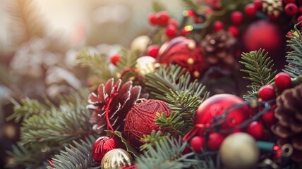 Festive Christmas decorations with red and green ornaments