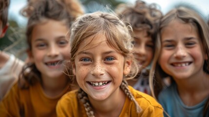 Obraz premium Group of happy children smiling and playing together outdoors.