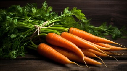Fresh Carrots with Green Tops on Wooden Background. World Vegetarian Day