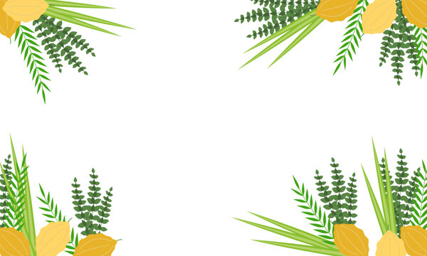 Palm branch, willow and myrtle leaves, bright yellow etrog. Jewish festival Sukkot four species lulav and esrog