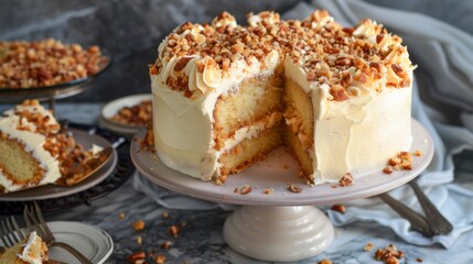 Layered cake with cream cheese frosting and pecans on a white plate.