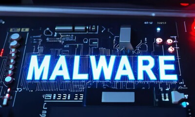 The word "malware" is displayed prominently on a digital circuit board, indicating a malware detection (mov)