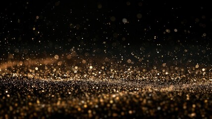 Glowing golden particles scattered on black background
