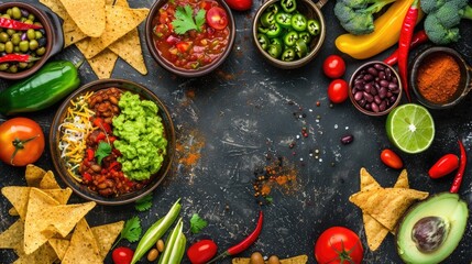 Mexican food presentation on rustic backdrop tortilla chips guacamole salsa chili beans fresh ingredients Overhead view