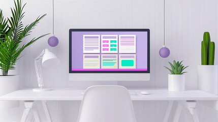 Modern Office Design with Desktop Technology and Potted Plants. Stylish Workspace with Purple Decor