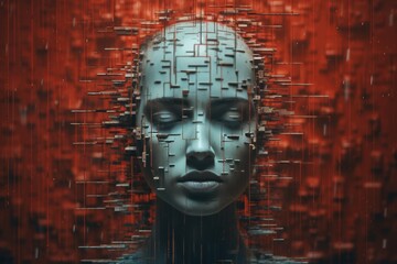 Digital identity  person with glitch effects in artistic style on red and blue background