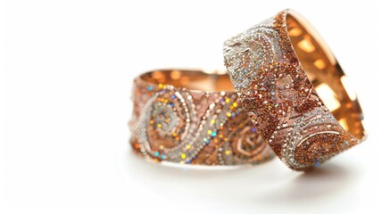 Two intricately designed gold rings with sparkling gemstones