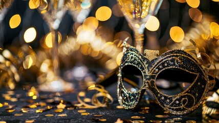 Glittery black and gold masquerade mask with festive bokeh lights in background