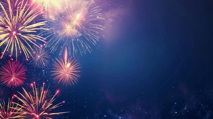 Fototapeta premium Abstract colored festive firework background in the night sky. Firecrackers and sparks isolated on blue background, copy space.