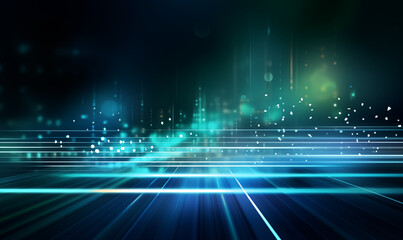 Digital Abstract Network Connections - blue and green cyberspace consisting of lines and light spots circles