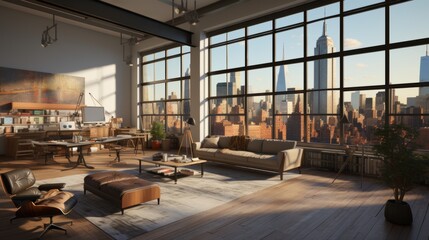 Modern loft office with flip chart and sticky notes, inspiring creative workspace
