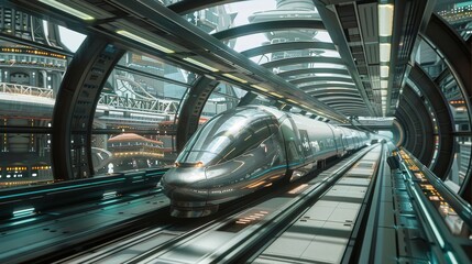 Futuristic Train Traveling Through Modern City Tunnel