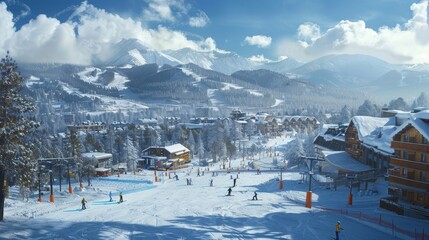 Snowy Mountain Village With People Walking on a Path
