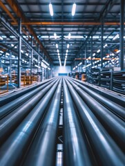 A large warehouse filled with steel pipes