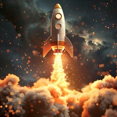 Retro Rocket Launching Amidst Clouds and Sparks