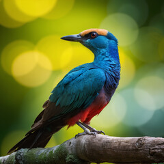 Fototapeta premium A Racket-tailed Roller with vibrant colors and detailed feather patterns, perched elegantly on a branch.