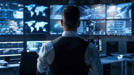 Fototapeta premium Man in control room monitoring multiple screens displaying data and world maps, focusing on global information and operations analysis.
