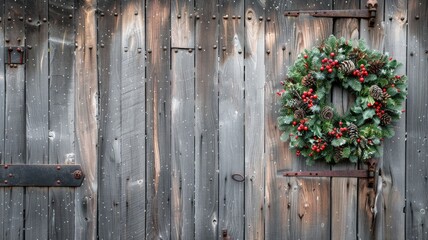 Holiday wreath with berries and pinecones on rustic wooden door