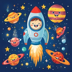 Cartoon Rocket in Space with Planets