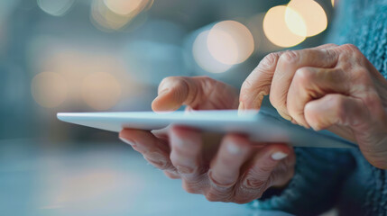 elderly hands holding a tablet