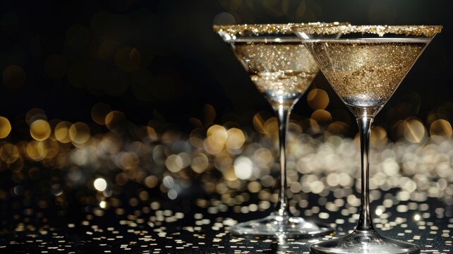 Two martini glasses with golden glitter, festive backdrop