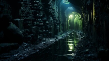 Mysterious Underground Tunnel with Green Light Reflection on Wet Pathway