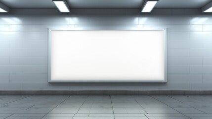 Subway station urban billboard with passing trains and commuters, urban advertising concept