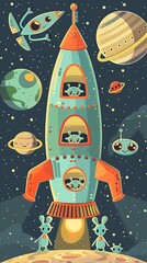 Cute Aliens in Spaceship Exploring Planets