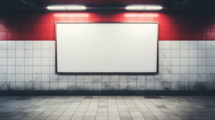 Urban advertising concept  blank billboard in subway station with passing trains and commuters