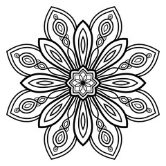 Black outline floral mandala. Doodle decorative element for coloring book isolated on white background. Flower, round geometric lace.