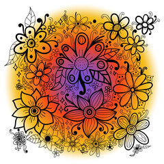 Colorful floral doodle social media post, card, poster isolated on white. Doodle flowers, leaves, curls, swirls.