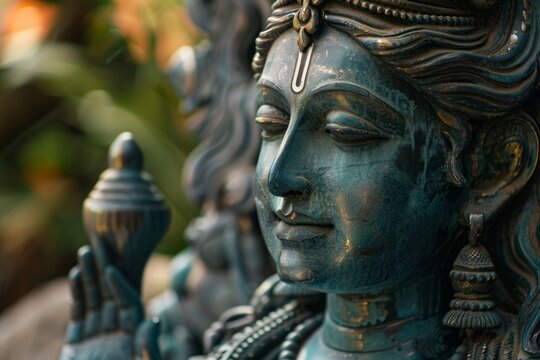 A close-up of an Ardhana Ishvara statue, representing the combined form of Shiva and Parvati.