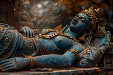 Fototapeta premium A serene image of a Vishnu statue reclining on Sheshanaga, with a calm, cosmic background.