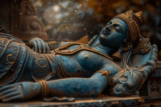 A serene image of a Vishnu statue reclining on Sheshanaga, with a calm, cosmic background.