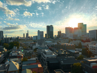 city skyline at sunset