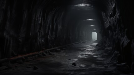 Naklejka premium A Dimly Lit Underground Tunnel with Light at the End
